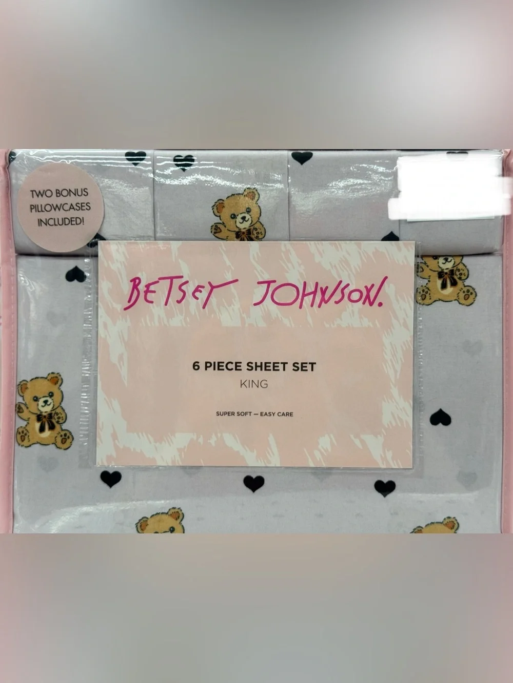 Betsey Johnson Pink and Black Teddy Bear Heart King Sheet Set